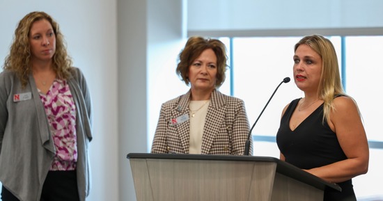 Holly Hatton-Bowers with UNL and Nebraska Extension discusses the state’s child care crisis Tuesday during an event announcing a new initiative to address this issue. (Photo by Erika Pritchard, UNK Communications)